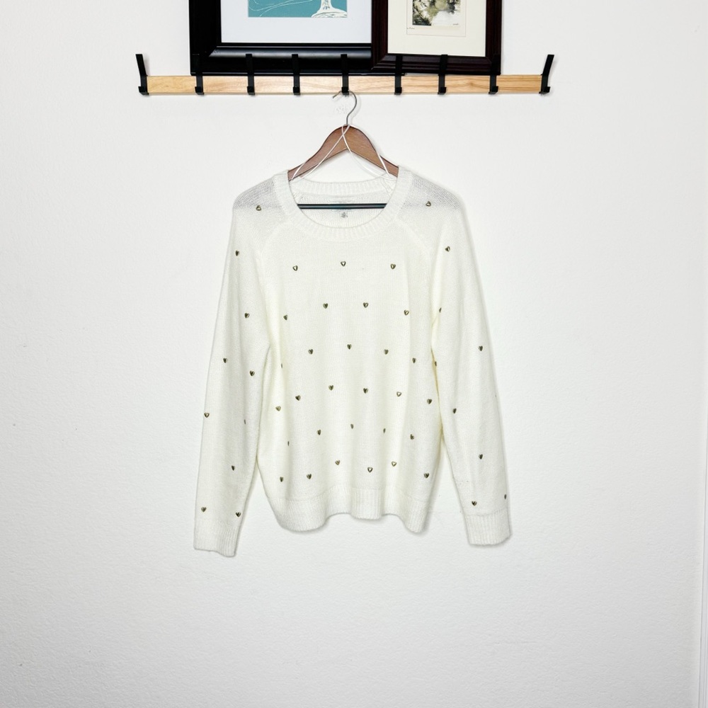Lucky Brand Cream Heart Stud Sweater Size L | Gold Heart Knit Pullover